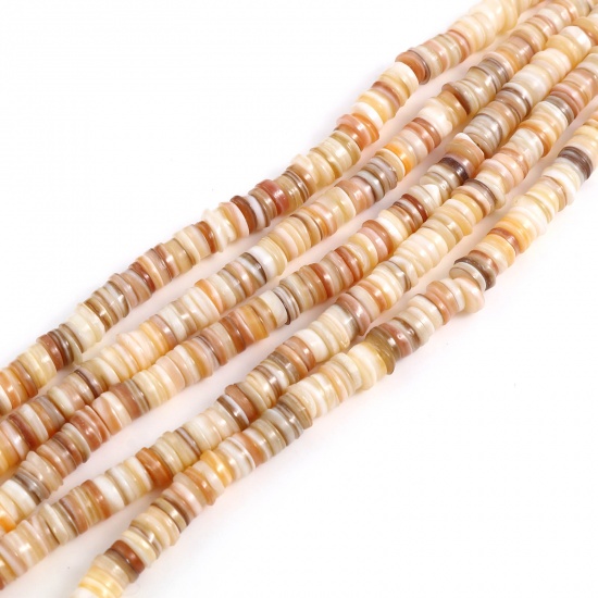 Picture of Shell Loose Beads Heishi Beads Disc Beads Round Light Khaki Dyed About 6mm Dia, Hole:Approx 1mm, 39cm(15 3/8") - 38.5cm(15 1/8") long, 1 Strand (Approx 195 PCs/Strand)