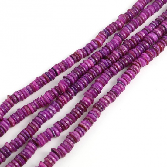 Picture of Shell Loose Beads Heishi Beads Disc Beads Round Purple Dyed About 6mm Dia, Hole:Approx 1mm, 39cm(15 3/8") - 38.5cm(15 1/8") long, 1 Strand (Approx 195 PCs/Strand)