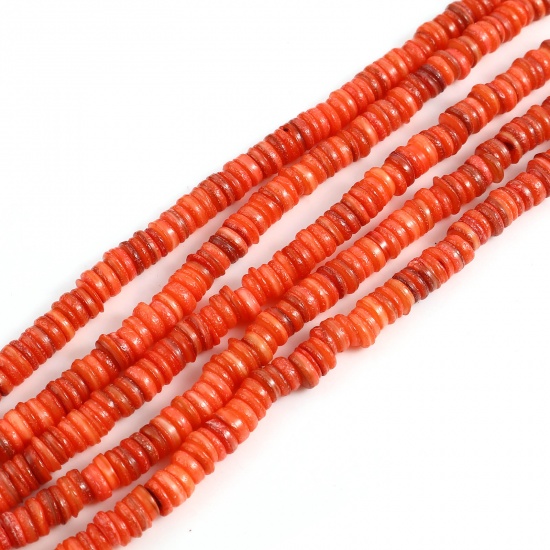 Picture of Shell Loose Beads Heishi Beads Disc Beads Round Dark Orange Dyed About 6mm Dia, Hole:Approx 1mm, 39cm(15 3/8") - 38.5cm(15 1/8") long, 1 Strand (Approx 195 PCs/Strand)