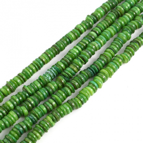 Picture of Shell Loose Beads Heishi Beads Disc Beads Round Green Dyed About 6mm Dia, Hole:Approx 1mm, 39cm(15 3/8") - 38.5cm(15 1/8") long, 1 Strand (Approx 195 PCs/Strand)