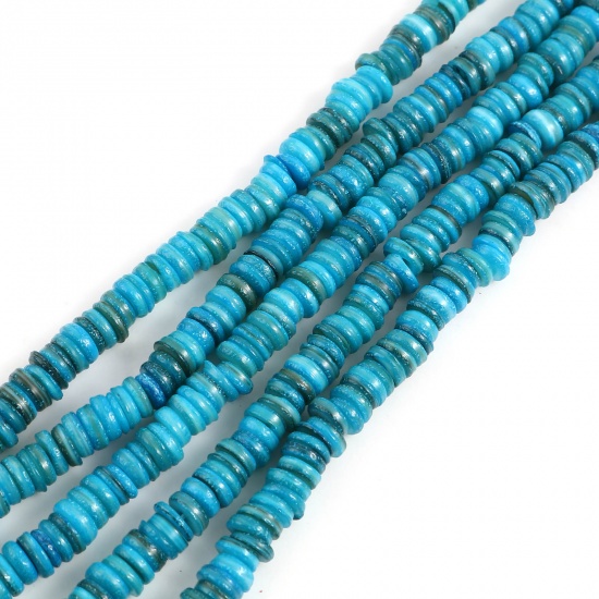 Picture of Shell Loose Beads Heishi Beads Disc Beads Round Blue Dyed About 6mm Dia, Hole:Approx 1mm, 39cm(15 3/8") - 38.5cm(15 1/8") long, 1 Strand (Approx 195 PCs/Strand)