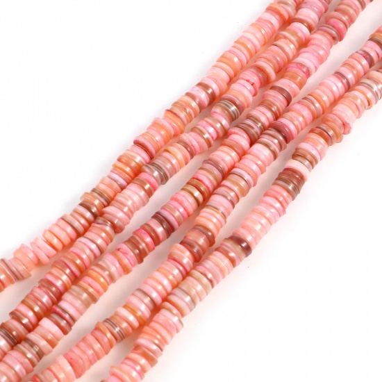 Picture of Shell Loose Beads Heishi Beads Disc Beads Round Pink Dyed About 6mm Dia, Hole:Approx 1mm, 39cm(15 3/8") - 38.5cm(15 1/8") long, 1 Strand (Approx 195 PCs/Strand)
