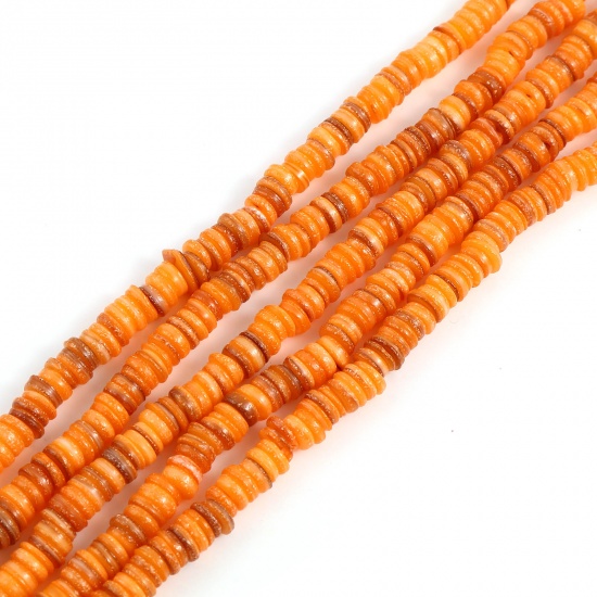 Picture of Shell Loose Beads Heishi Beads Disc Beads Round Orange Dyed About 6mm Dia, Hole:Approx 1mm, 39cm(15 3/8") - 38.5cm(15 1/8") long, 1 Strand (Approx 195 PCs/Strand)