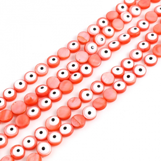 Image de Perles en Coquille Rond Rouge Œil Mauvais à Strass Émail 8mm Dia, Taille de Trou: 0.9mm, 38.3cm - 37.8cm long, 1 Enfilade （Env. 48 Pcs/Enfilade)