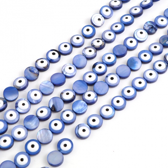 Изображение Бусины из Раковины, Круглые, Темно-синий с узором “ Злой Глаз ” , С Эмалью 8мм диаметр, 0.9мм, 38.3cm - 37.8cm длина, 1 Нитка 48 шт / 1 нитка
