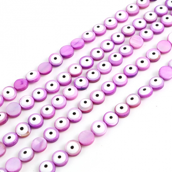 Picture of Dyed Shell Loose Beads Round Purple Evil Eye Pattern Enamel About 8mm Dia, Hole:Approx 0.9mm, 38.3cm(15 1/8") - 37.8cm(14 7/8") long, 1 Strand (Approx 48 PCs/Strand)