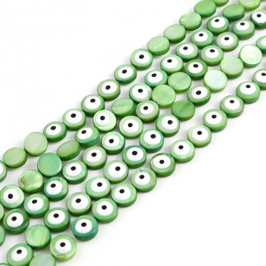 Picture of Dyed Shell Loose Beads Round Green Evil Eye Pattern Enamel About 8mm Dia, Hole:Approx 0.9mm, 38.3cm(15 1/8") - 37.8cm(14 7/8") long, 1 Strand (Approx 48 PCs/Strand)
