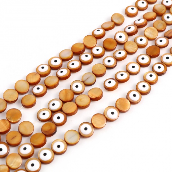 Picture of Dyed Shell Loose Beads Round Brown Evil Eye Pattern Enamel About 8mm Dia, Hole:Approx 0.9mm, 38.3cm(15 1/8") - 37.8cm(14 7/8") long, 1 Strand (Approx 48 PCs/Strand)