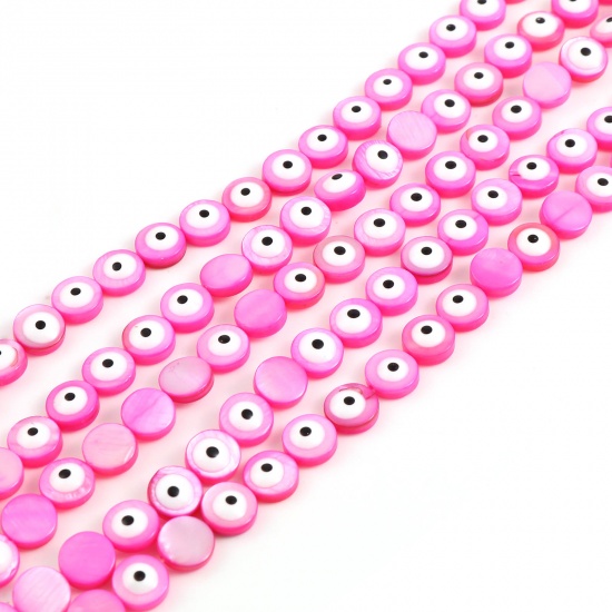 Picture of Dyed Shell Loose Beads Round Fuchsia Evil Eye Pattern Enamel About 8mm Dia, Hole:Approx 0.9mm, 38.3cm(15 1/8") - 37.8cm(14 7/8") long, 1 Strand (Approx 48 PCs/Strand)