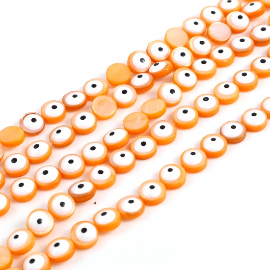 Изображение Бусины из Раковины, Круглые, Оранжевый с узором “ Злой Глаз ” , С Эмалью 8мм диаметр, 0.9мм, 38.3cm - 37.8cm длина, 1 Нитка 48 шт / 1 нитка