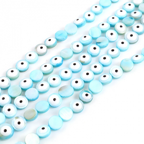 Picture of Dyed Shell Loose Beads Round Light Blue Evil Eye Pattern Enamel About 8mm Dia, Hole:Approx 0.9mm, 38.3cm(15 1/8") - 37.8cm(14 7/8") long, 1 Strand (Approx 48 PCs/Strand)