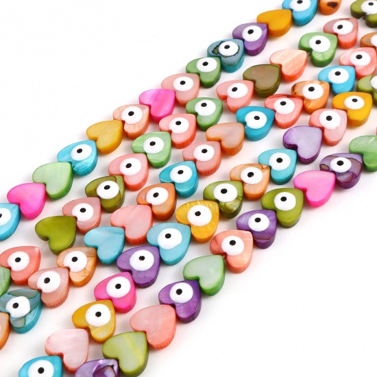 Picture of Dyed Shell Loose Beads Heart At Random Color Evil Eye Pattern Enamel About 10mm x 10mm, Hole:Approx 1mm, 39cm(15 3/8") - 38.5cm(15 1/8") long, 1 Strand (Approx 36 PCs/Strand)