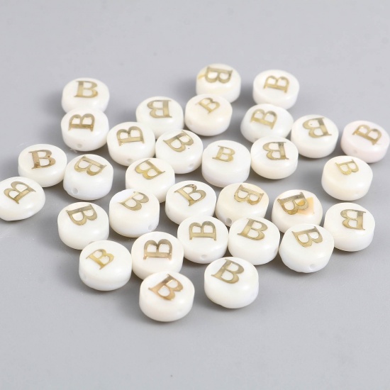 Picture of Shell Loose Beads Flat Round Creamy-White Initial Alphabet/ Capital Letter Pattern Message " B " About 8mm Dia, Hole:Approx 1.1mm, 10 PCs