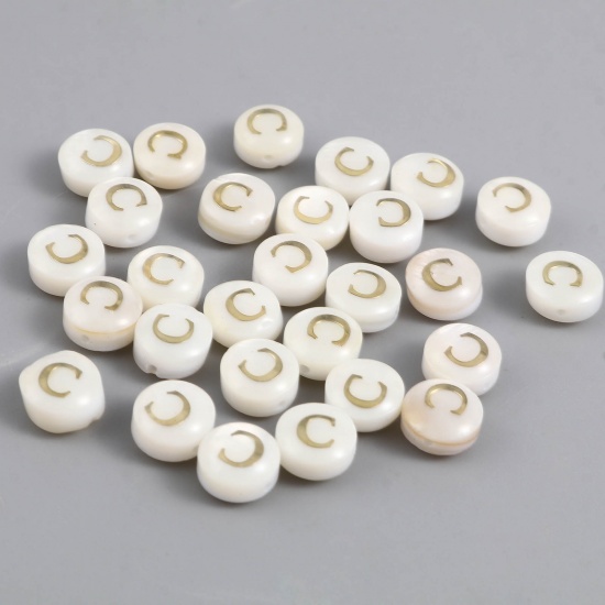 Picture of Shell Loose Beads Flat Round Creamy-White Initial Alphabet/ Capital Letter Pattern Message " C " About 8mm Dia, Hole:Approx 1.1mm, 10 PCs