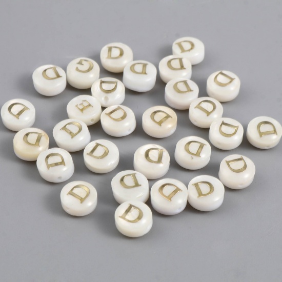 Picture of Shell Loose Beads Flat Round Creamy-White Initial Alphabet/ Capital Letter Pattern Message " D " About 8mm Dia, Hole:Approx 1.1mm, 10 PCs