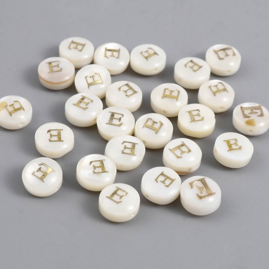 Picture of Shell Loose Beads Flat Round Creamy-White Initial Alphabet/ Capital Letter Pattern Message " E " About 8mm Dia, Hole:Approx 1.1mm, 10 PCs