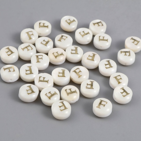 Picture of Shell Loose Beads Flat Round Creamy-White Initial Alphabet/ Capital Letter Pattern Message " F " About 8mm Dia, Hole:Approx 1.1mm, 10 PCs