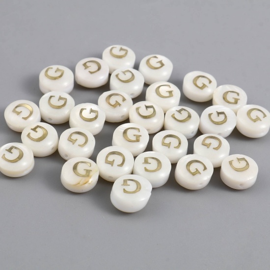 Picture of Shell Loose Beads Flat Round Creamy-White Initial Alphabet/ Capital Letter Pattern Message " G " About 8mm Dia, Hole:Approx 1.1mm, 10 PCs