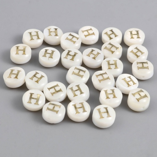 Picture of Shell Loose Beads Flat Round Creamy-White Initial Alphabet/ Capital Letter Pattern Message " H " About 8mm Dia, Hole:Approx 1.1mm, 10 PCs
