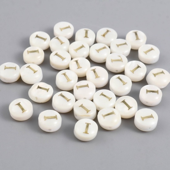 Picture of Shell Loose Beads Flat Round Creamy-White Initial Alphabet/ Capital Letter Pattern Message " I " About 8mm Dia, Hole:Approx 1.1mm, 10 PCs