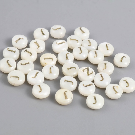 Picture of Shell Loose Beads Flat Round Creamy-White Initial Alphabet/ Capital Letter Pattern Message " J " About 8mm Dia, Hole:Approx 1.1mm, 10 PCs