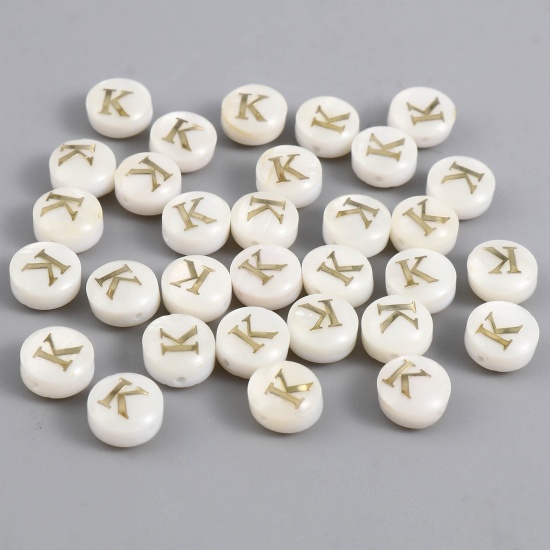 Picture of Shell Loose Beads Flat Round Creamy-White Initial Alphabet/ Capital Letter Pattern Message " K " About 8mm Dia, Hole:Approx 1.1mm, 10 PCs