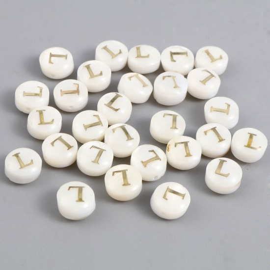 Picture of Shell Loose Beads Flat Round Creamy-White Initial Alphabet/ Capital Letter Pattern Message " L " About 8mm Dia, Hole:Approx 1.1mm, 10 PCs