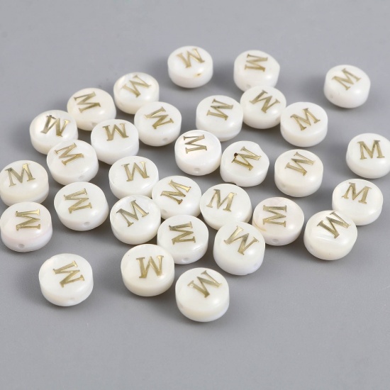 Picture of Shell Loose Beads Flat Round Creamy-White Initial Alphabet/ Capital Letter Pattern Message " M " About 8mm Dia, Hole:Approx 1.1mm, 10 PCs