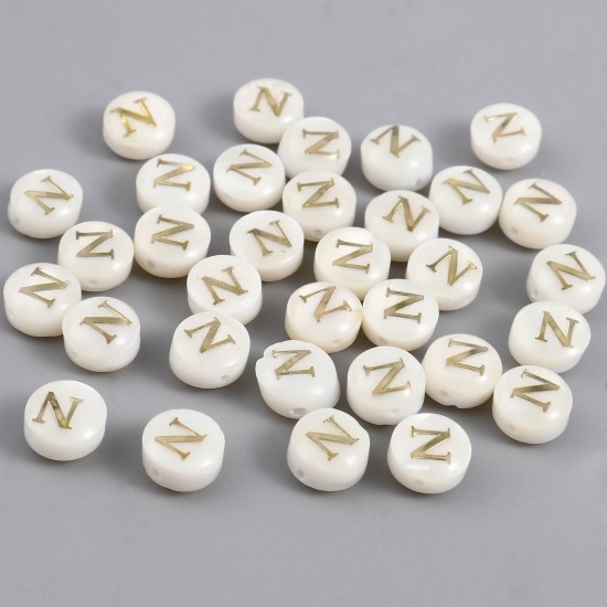 Picture of Shell Loose Beads Flat Round Creamy-White Initial Alphabet/ Capital Letter Pattern Message " N " About 8mm Dia, Hole:Approx 1.1mm, 10 PCs