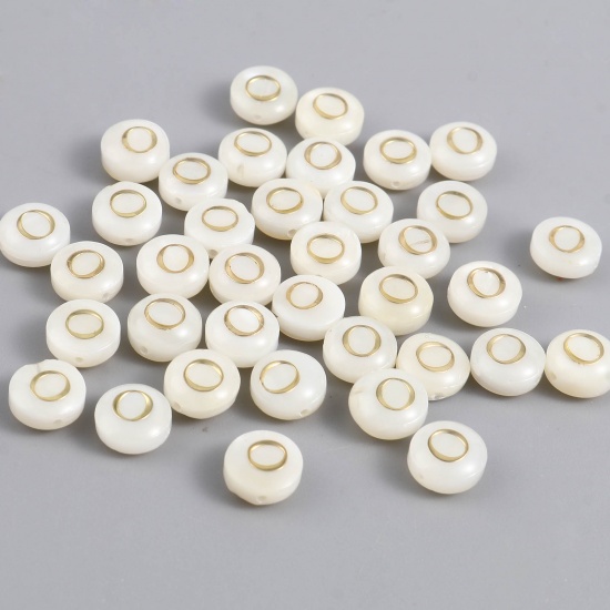 Picture of Shell Loose Beads Flat Round Creamy-White Initial Alphabet/ Capital Letter Pattern Message " O " About 8mm Dia, Hole:Approx 1.1mm, 10 PCs