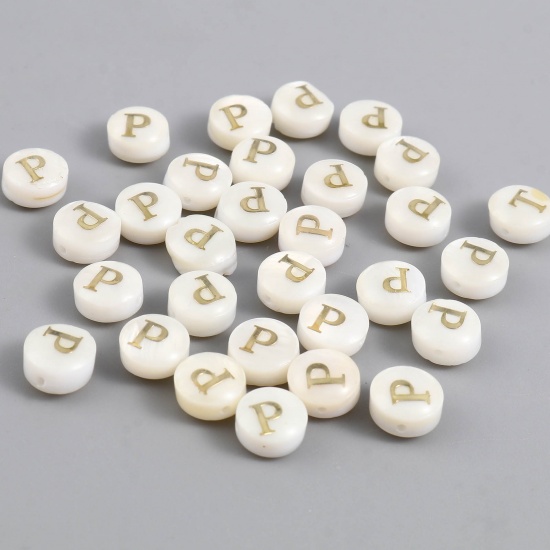 Picture of Shell Loose Beads Flat Round Creamy-White Initial Alphabet/ Capital Letter Pattern Message " P " About 8mm Dia, Hole:Approx 1.1mm, 10 PCs