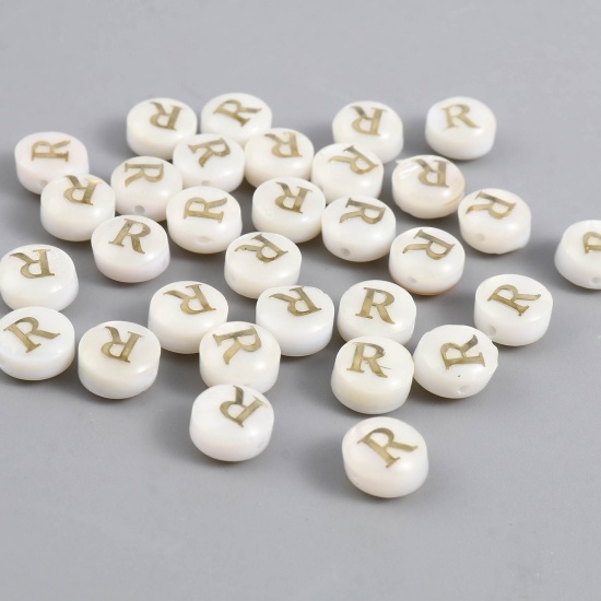 Picture of Shell Loose Beads Flat Round Creamy-White Initial Alphabet/ Capital Letter Pattern Message " R " About 8mm Dia, Hole:Approx 1.1mm, 10 PCs