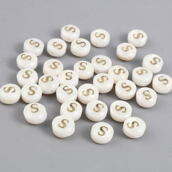 Picture of Shell Loose Beads Flat Round Creamy-White Initial Alphabet/ Capital Letter Pattern Message " S " About 8mm Dia, Hole:Approx 1.1mm, 10 PCs