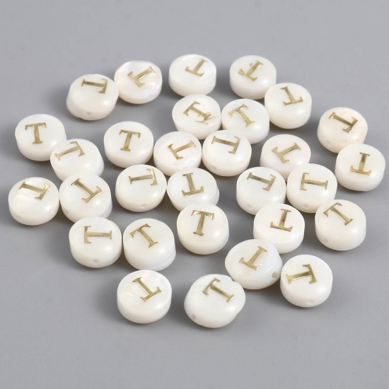 Picture of Shell Loose Beads Flat Round Creamy-White Initial Alphabet/ Capital Letter Pattern Message " T " About 8mm Dia, Hole:Approx 1.1mm, 10 PCs