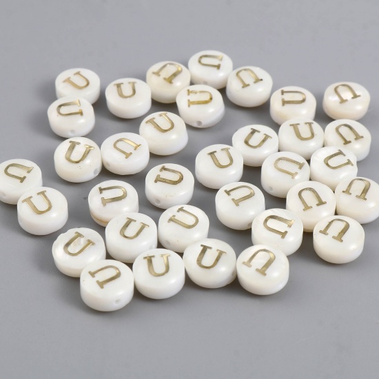 Picture of Shell Loose Beads Flat Round Creamy-White Initial Alphabet/ Capital Letter Pattern Message " U " About 8mm Dia, Hole:Approx 1.1mm, 10 PCs