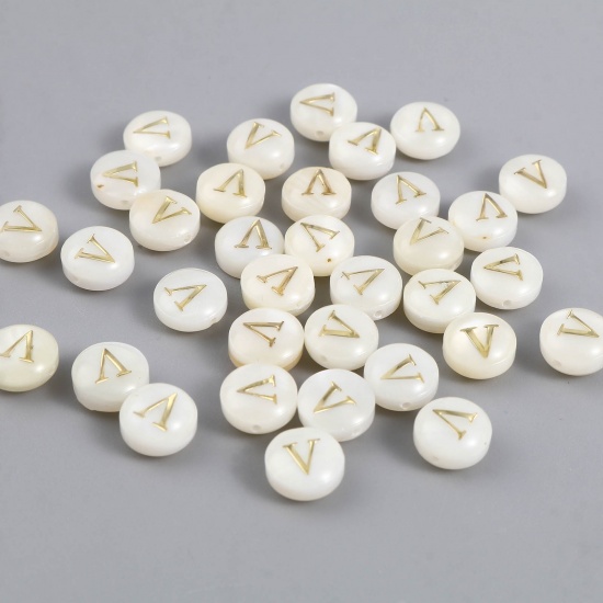 Picture of Shell Loose Beads Flat Round Creamy-White Initial Alphabet/ Capital Letter Pattern Message " V " About 8mm Dia, Hole:Approx 1.1mm, 10 PCs