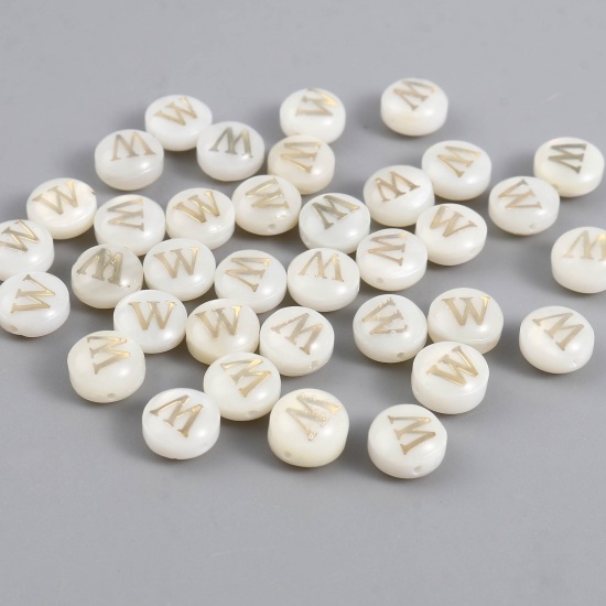 Picture of Shell Loose Beads Flat Round Creamy-White Initial Alphabet/ Capital Letter Pattern Message " W " About 8mm Dia, Hole:Approx 1.1mm, 10 PCs