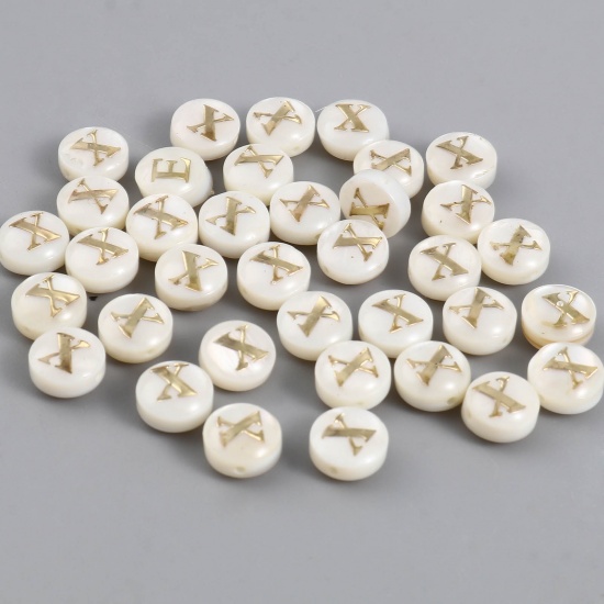 Picture of Shell Loose Beads Flat Round Creamy-White Initial Alphabet/ Capital Letter Pattern Message " X " About 8mm Dia, Hole:Approx 1.1mm, 10 PCs