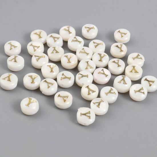 Picture of Shell Loose Beads Flat Round Creamy-White Initial Alphabet/ Capital Letter Pattern Message " Y " About 8mm Dia, Hole:Approx 1.1mm, 10 PCs