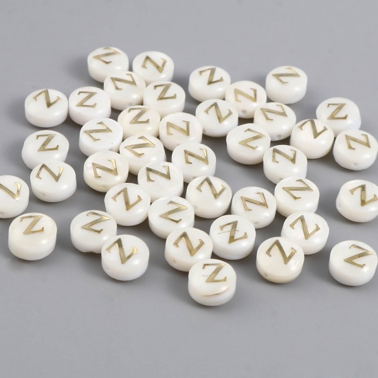 Picture of Shell Loose Beads Flat Round Creamy-White Initial Alphabet/ Capital Letter Pattern Message " Z " About 8mm Dia, Hole:Approx 1.1mm, 10 PCs
