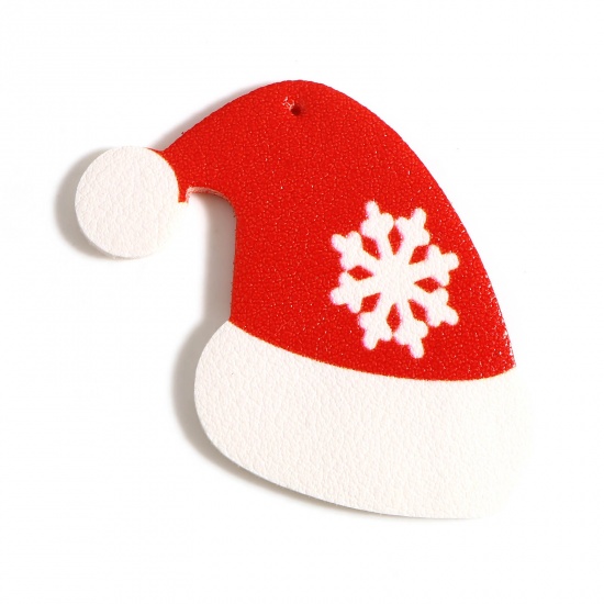 Изображение PU Подвески Рождество шляпы Белый & Красный Снежинка 56мм x 45мм, 5 ШТ