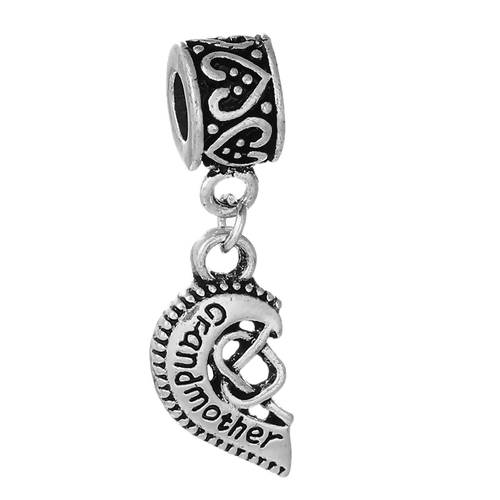 Picture of Zinc Metal Alloy European Style Large Hole Charm Dangle Beads Half Broken Heart Antique Silver Message " Grandmother " Carved Hollow 35mm(1 3/8") x 11mm( 3/8"), 2 PCs
