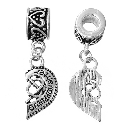 Picture of Zinc Metal Alloy European Style Large Hole Charm Dangle Beads Half Broken Heart Antique Silver Message " Grandmother " Carved Hollow 35mm(1 3/8") x 11mm( 3/8"), 2 PCs