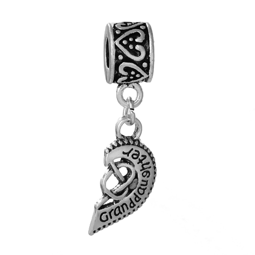 Picture of Zinc Metal Alloy European Style Large Hole Charm Dangle Beads Half Broken Heart Antique Silver Message " Granddaughter " Carved Hollow 35mm(1 3/8") x 11mm( 3/8"), 2 PCs