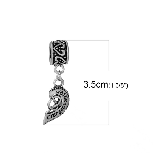 Picture of Zinc Metal Alloy European Style Large Hole Charm Dangle Beads Half Broken Heart Antique Silver Message " Granddaughter " Carved Hollow 35mm(1 3/8") x 11mm( 3/8"), 2 PCs