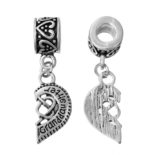 Picture of Zinc Metal Alloy European Style Large Hole Charm Dangle Beads Half Broken Heart Antique Silver Message " Granddaughter " Carved Hollow 35mm(1 3/8") x 11mm( 3/8"), 2 PCs