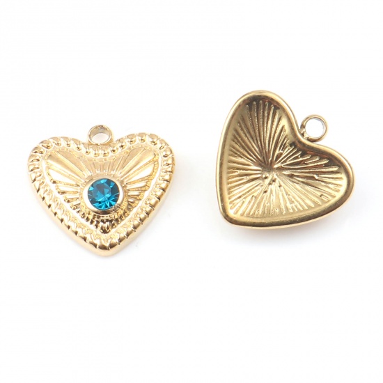 Picture of 201 Stainless Steel Valentine's Day Charms Heart Gold Plated Blue Rhinestone 13mm x 12mm, 1 Piece