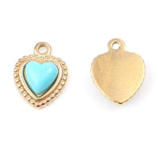 Picture of 201 Stainless Steel & Acrylic Valentine's Day Charms Heart Gold Plated Blue Imitation Turquoise 11mm x 8.5mm, 1 Piece