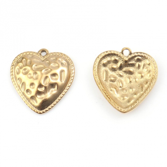 Picture of 201 Stainless Steel Valentine's Day Charms Heart Gold Plated Carved Pattern 18.5mm x 17.5mm, 1 Piece