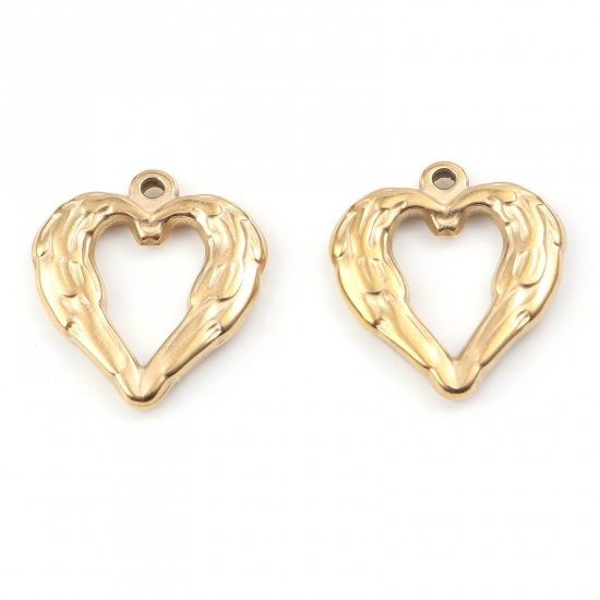 Picture of 201 Stainless Steel Valentine's Day Charms Heart Gold Plated Carved Pattern 22.5mm x 21mm, 1 Piece